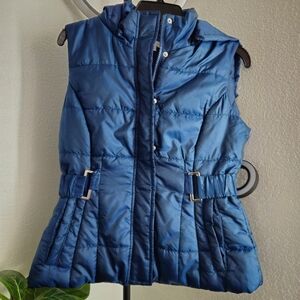 NewYork&Co.  NavyBlue Nylon Poly Fill Puffer Vest Removable Hood Elastic Best Xs